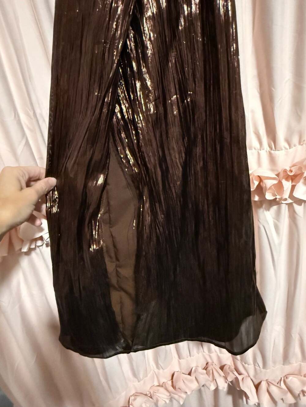 Hyacinth House Brown Shimmer Metallic Puff Sleeve Midi Dress XL - Picture 5 of 5